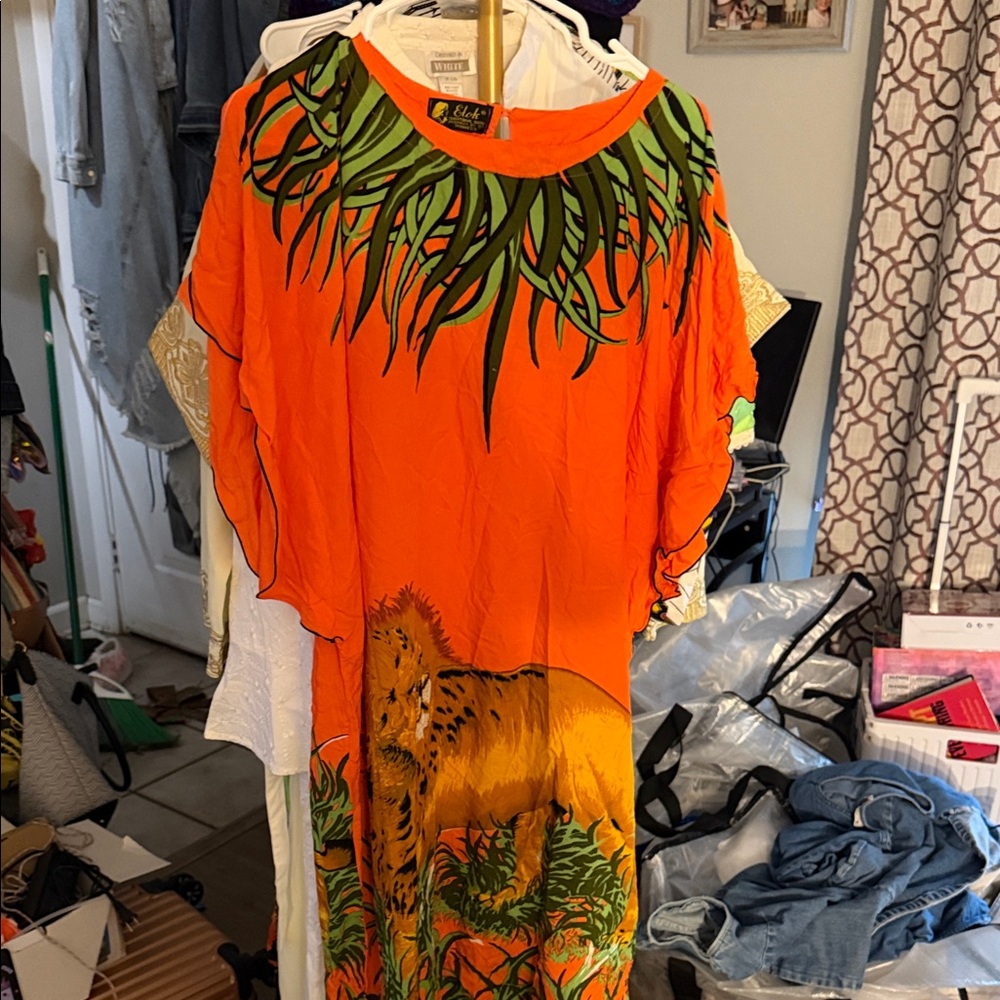 Eileen Fisher Orange Maxi Dress with Jungle Print
